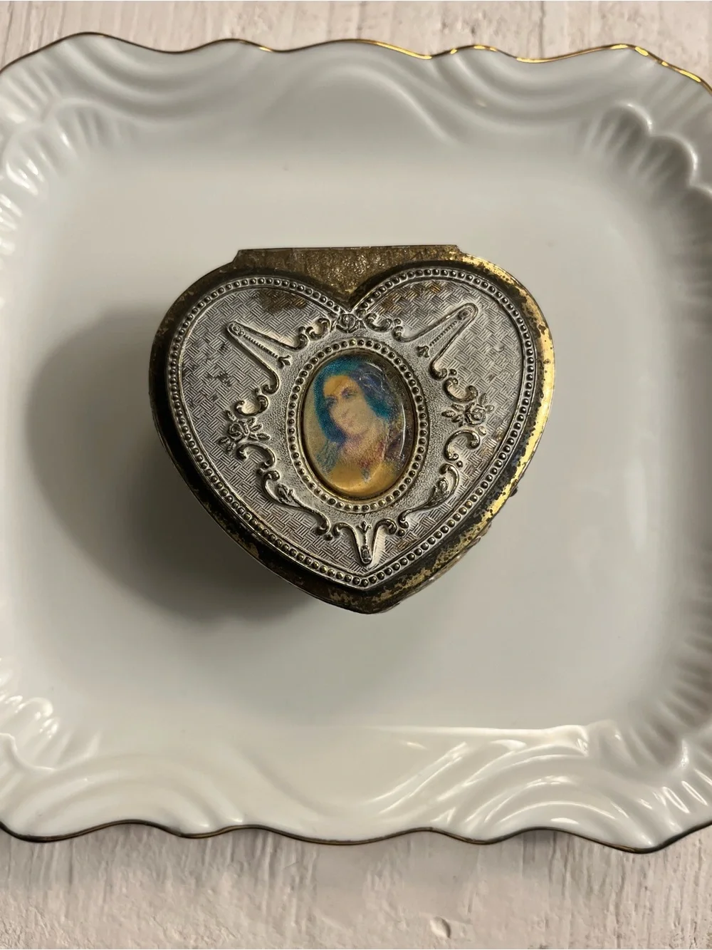 Heart-Shaped Vintage Silver and Gold Trinket Box with Portrait